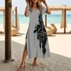 Women Fashion Round Neck Ethnic Style Patchwork Stripes Printed Short Sleeve Side Slit Dress Casual Vacation Dress Long Loose Dress