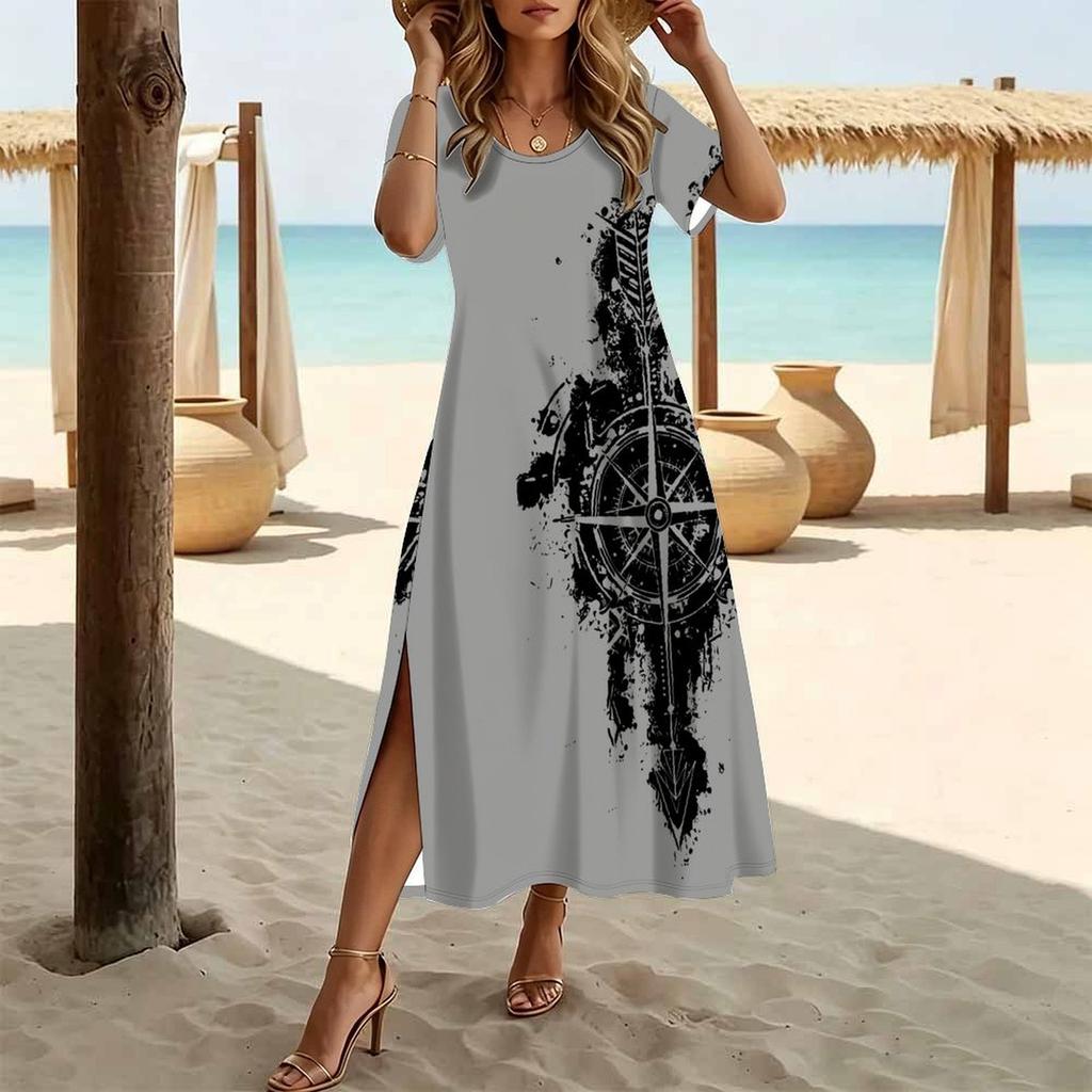 Women Fashion Round Neck Ethnic Style Patchwork Stripes Printed Short Sleeve Side Slit Dress Casual Vacation Dress Long Loose Dress