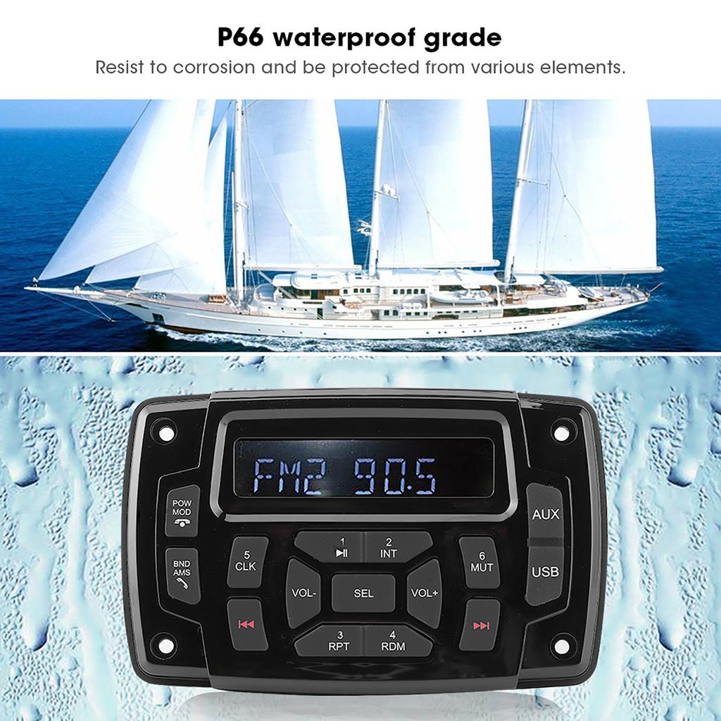 12V MP3-spiller Bluetooth FM AM Stereo Mottaker IP66 Vanntett Tilbehør for Marinebåt Bluetooth MP3 Båtradio Vanntett MP3