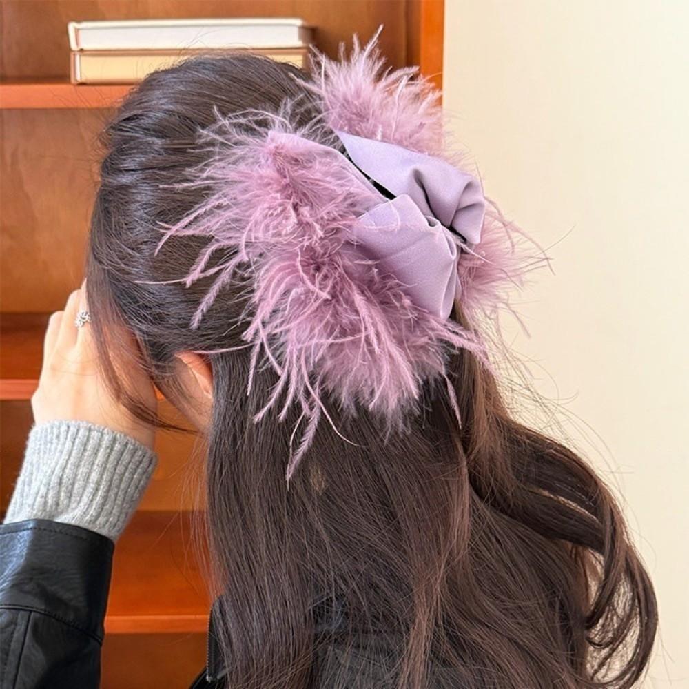 Korean Style Satin Triangle Shark Clip Plastic Women Hairgrips Fluffy Feather Hair Claw  Banquet
