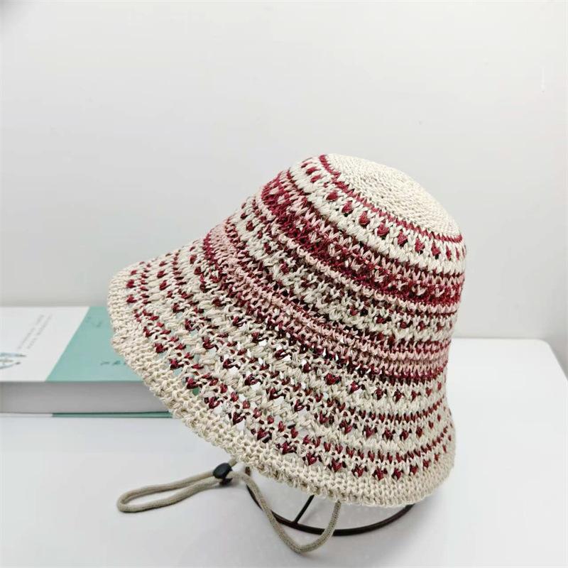 

Корейская версия вязаной шляпы-панамы в пасторальном стиле для защиты от солнца, летняя новинка, шляпа-колокольчик в стиле маленькой парфюмерии в полоску с мягким верхом для женщин