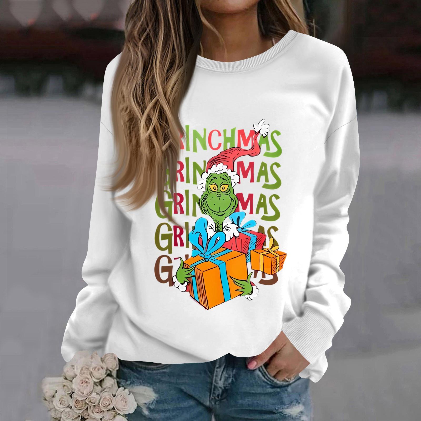 

Женская модная повседневная толстовка с длинным рукавом, однотонная, с рождественским принтом, с круглым вырезом M белый