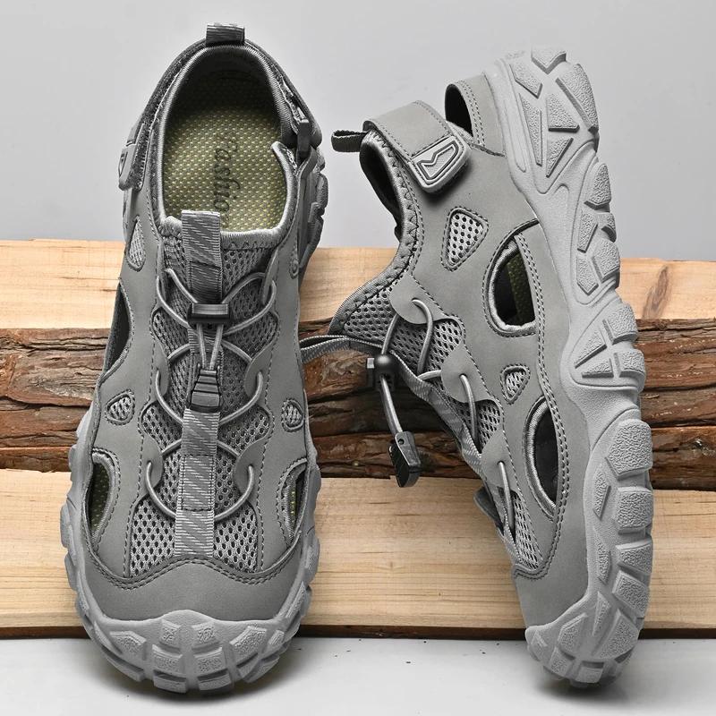 Mesh Men's Sandals Stylish Summer New Outdoor Flats Non-Slip Travel Beach Shoes Daily Walking Shoes Wading Aqua Shoes