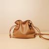 New Niche Design Large Capacity Solid Color Drawstring Bundle Mouth Single Shoulder Crossbody Pleated Cowhide Bag Women