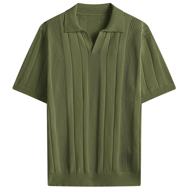 

Мужская бежевая трикотажная рубашка-поло с коротким рукавом, с вертикальными полосками и кружевной текстурой XXL армия зеленый