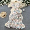 French gentle wind V-neck floral dress women's summer irregular short sleeves waist thin A-shaped long dress vacation style