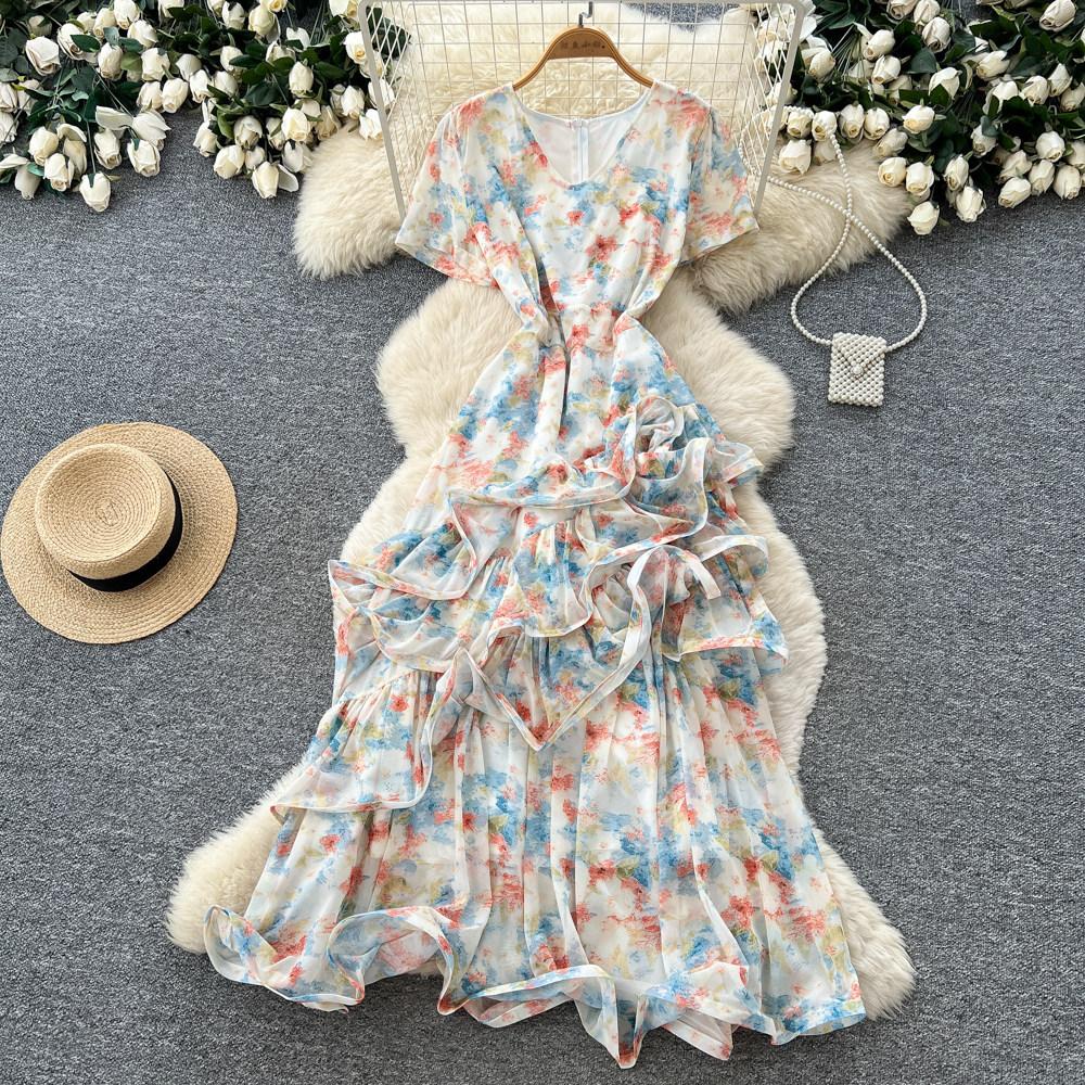 French gentle wind V-neck floral dress women's summer irregular short sleeves waist thin A-shaped long dress vacation style