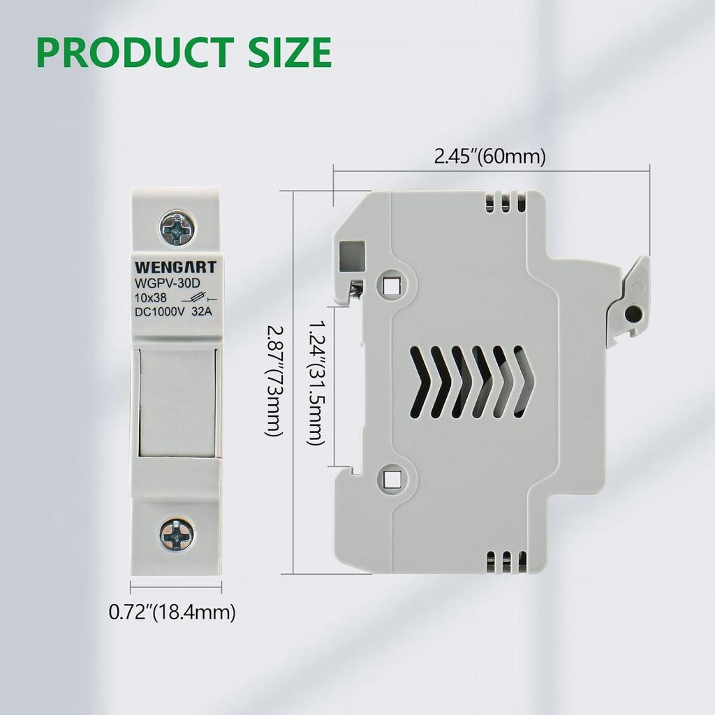 Wengart Solar Fuse Holder WGPV-30D,1 Pole DC1000V 35mmDIN Rail Mount Fuse Holder for fuse 10x38mm gPV Up to 32A,18 to 8 AWG