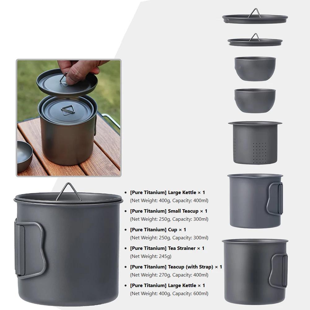 Camping-Kessel Titan-Teegeschirr Ultraleichter tragbarer Camping-Kessel & Teekanne mit Tassen für Outdoor-Reisen