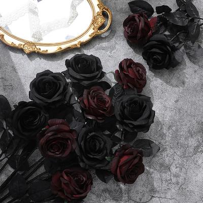 10 Stück Künstliche Rosen Falsche Rose mit Biegsamem Stiel Realistische Schwarze Dunkelrote Kunstrosen für Tischdekorationen Heimparty Hochzeitsdekoration