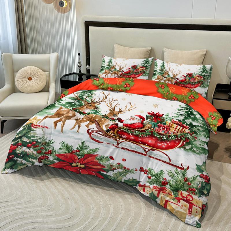 3PC Sled Elderly Duvet Cover Cute Elk Set Bedding Set (1Duvet Cover&2Pillowcases) Christmas Furniture Decor No Filler/Core