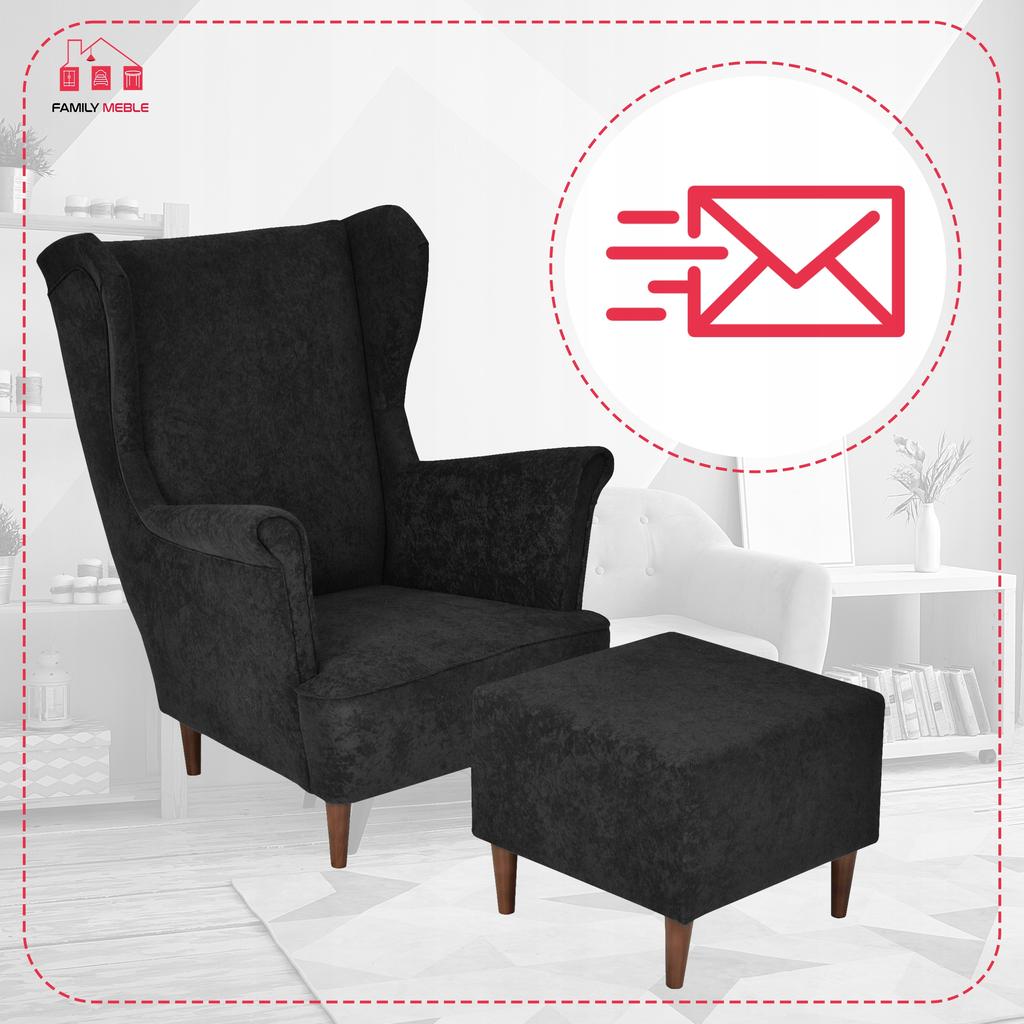 Fotel uszak MAX z podnóżkiem skandynawski Family Meble czarny welur