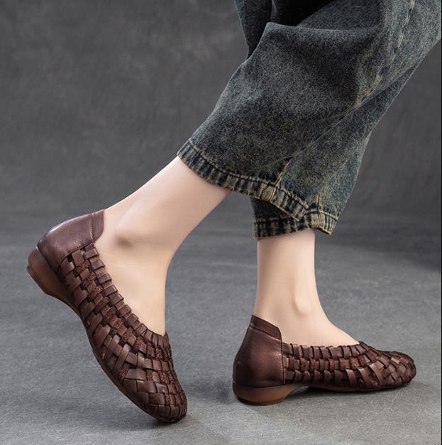 Fashion 2CM New Ethnic Handmade Weave Genuine Leather Oxfords Soft Soled Comfy Elegance Fashion Spring Summer Women Slip On Ladies Shoes