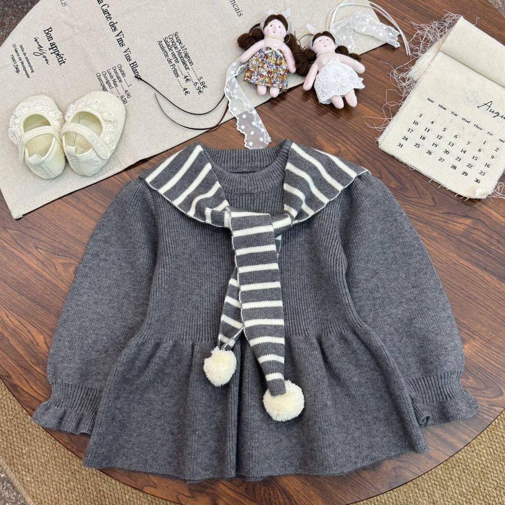 Autumn & Winter Korean Style Girls' Striped Shawl Pullover with Ruffle Hem