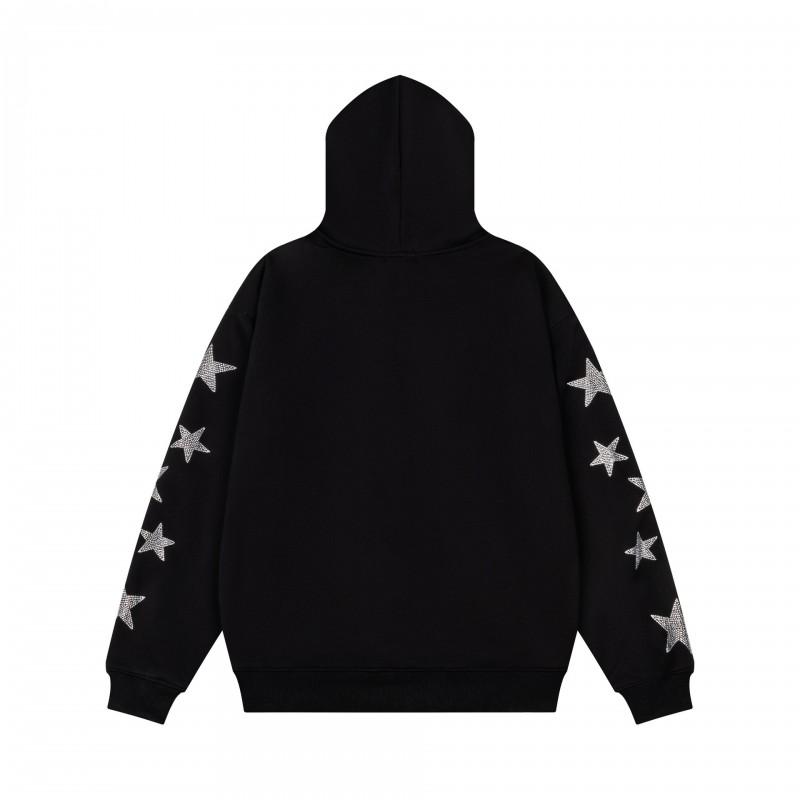 Unisex Oversized Hooded Zip-Up Sweatshirt With Star Rhinestone Embroidery Streetwear Casual Pullover Top