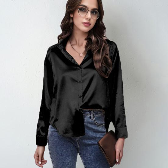 Women Shirt Lapel Long Sleeve Smooth Satin Shirt Tops Solid Color Loose Fit Casual Shirt Office Lady Shirt Daily Wear