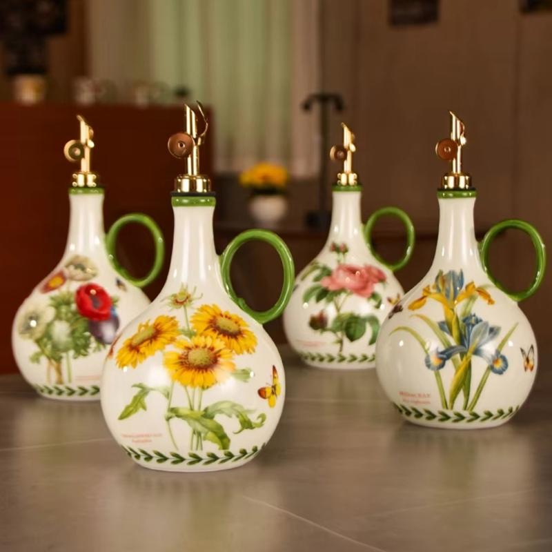 Ceramic Kitchen Oil Bottle with Easy Grip and Metal Pour Lid, Counter Dispenser for Everyday Home Cooking and Display