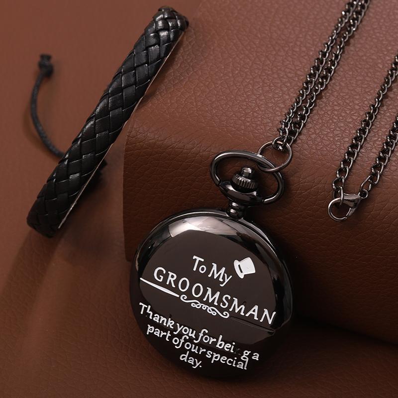 

2 шт./комплект, «To My GROOMSMAN» черные кварцевые карманные часы и 1 шт. повседневный черный аналоговый браслет из искусственной кожи, идеальный выбор для подарков мужчинам