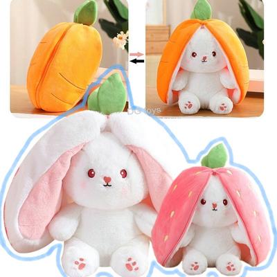 Creative Funny Peek A Boo Carrot Rabbit Plush Toy Stuffed Bunny Hiding In Strawberry Bag Toys for Kids Birthday Gift