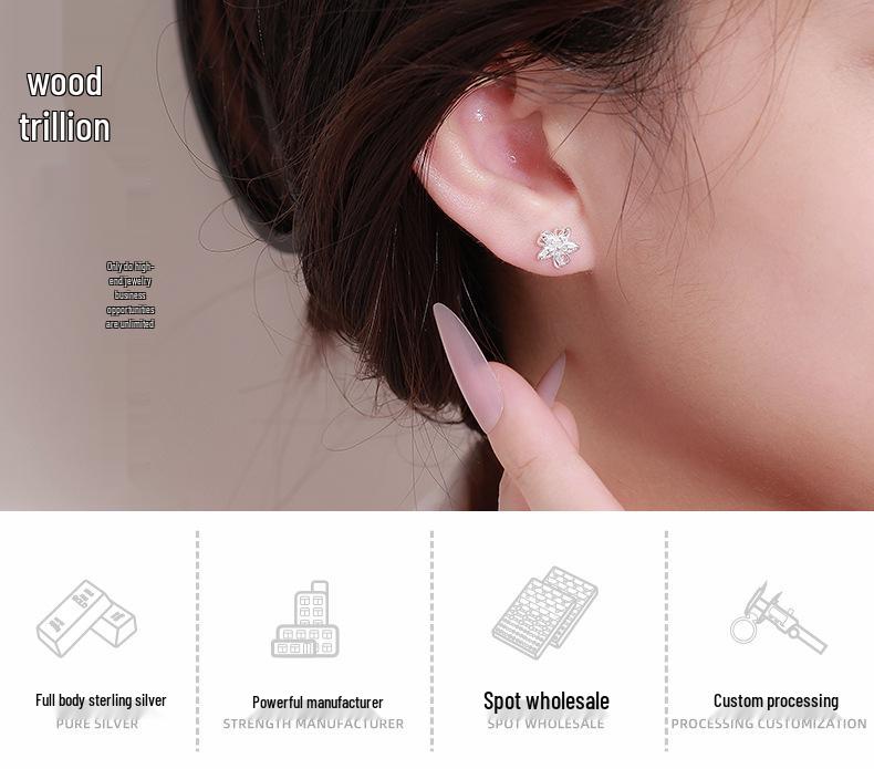 S999 Pure Silver Plum Blossom Earrings: Exquisite, Shiny Korean Fashion Cartilage Sterling Silver Snail Studs for Women.