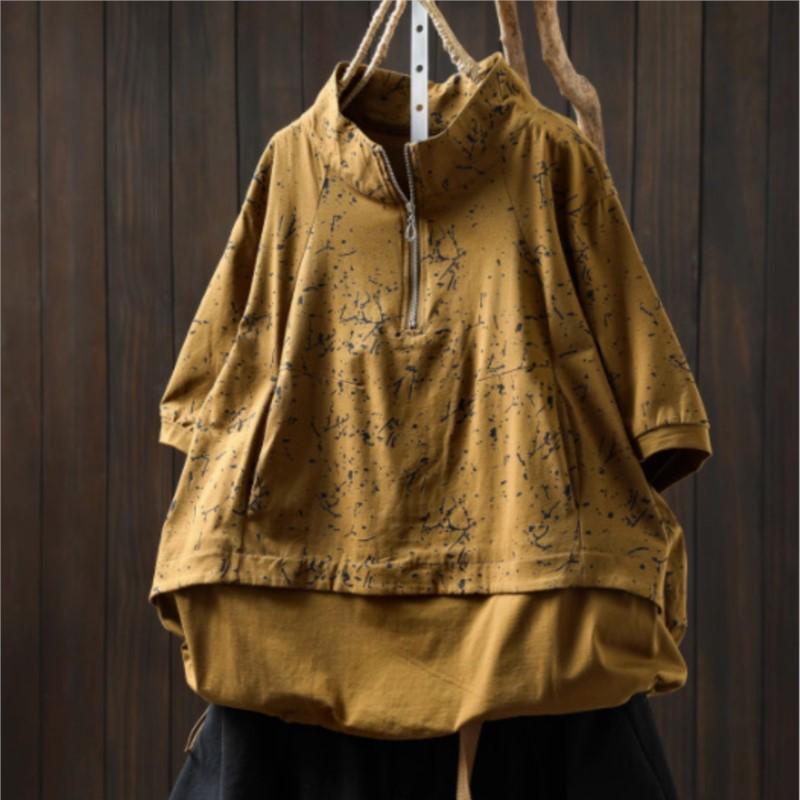 Johnature Women Vintage Print Floral T-Shirts Turtleneck Short Sleeve Patchwork Summer Zipper Casual T-Shirts