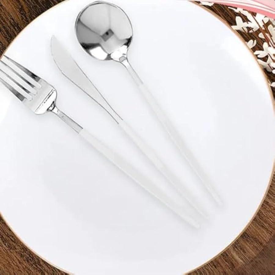 

Блестящие серебристые пластиковые современные обеденные вилки с белой ручкой, упаковка 20 штук, одноразовые и стильные, идеально подходят для вечеринок, свадеб, кейтеринга United States