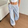 Women's Elastic Drawstring Waist Wide Leg Pants Loose Fit Striped Print Soft Polyester Casual Summer Trousers