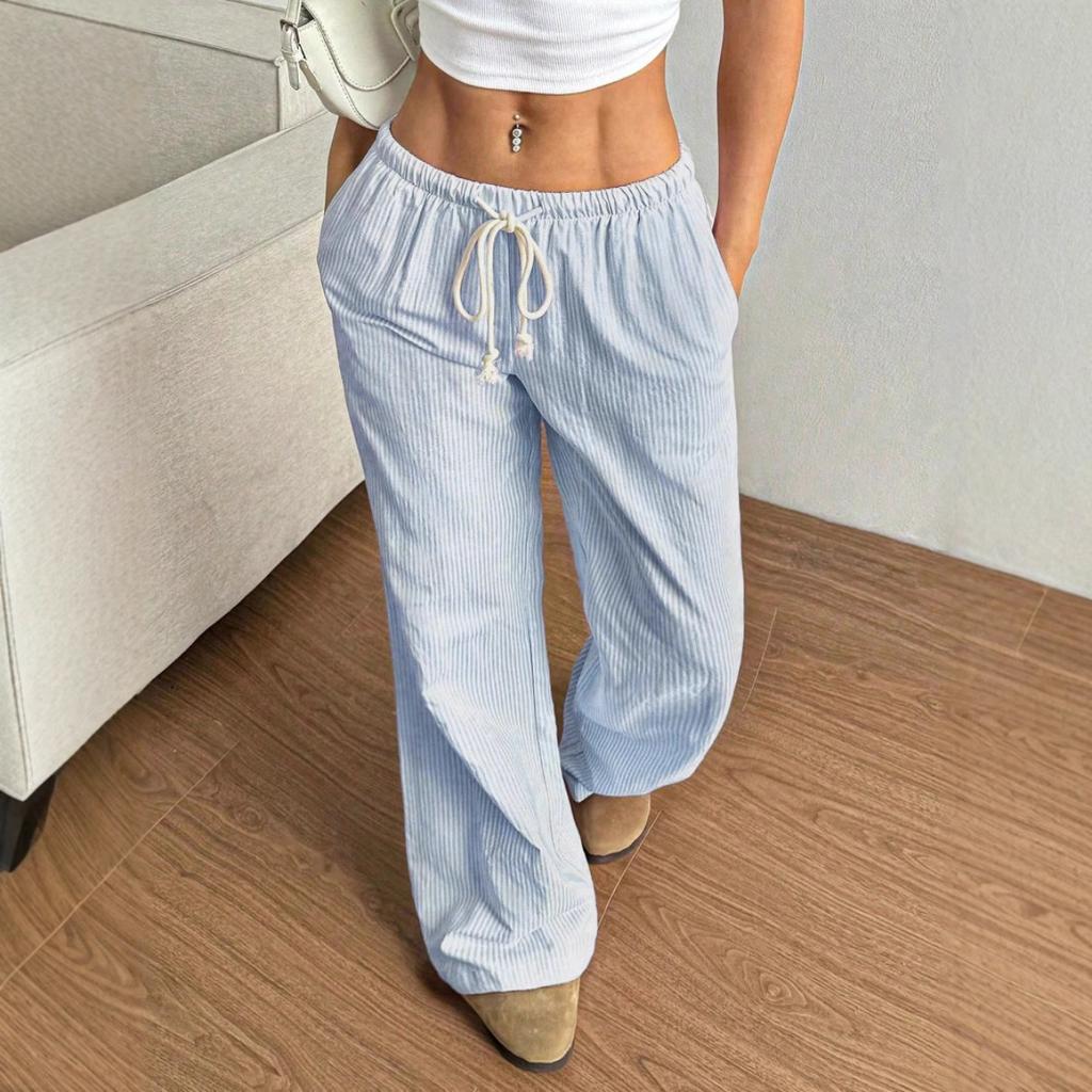 Women's Elastic Drawstring Waist Wide Leg Pants Loose Fit Striped Print Soft Polyester Casual Summer Trousers