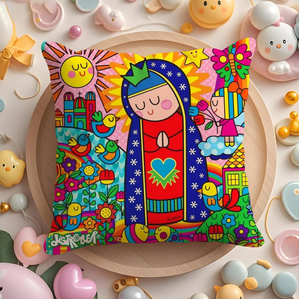 Cartoon Virgin Mary Art Cushion Cover Home & Car Multi-Scene Pillow Cover - Reversible, Soft & Durable for Daily Use