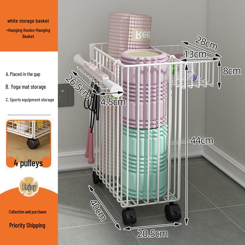 Beweglicher Yogamattenwagen mit schmalem Regal und Puppenaufbewahrungskorb