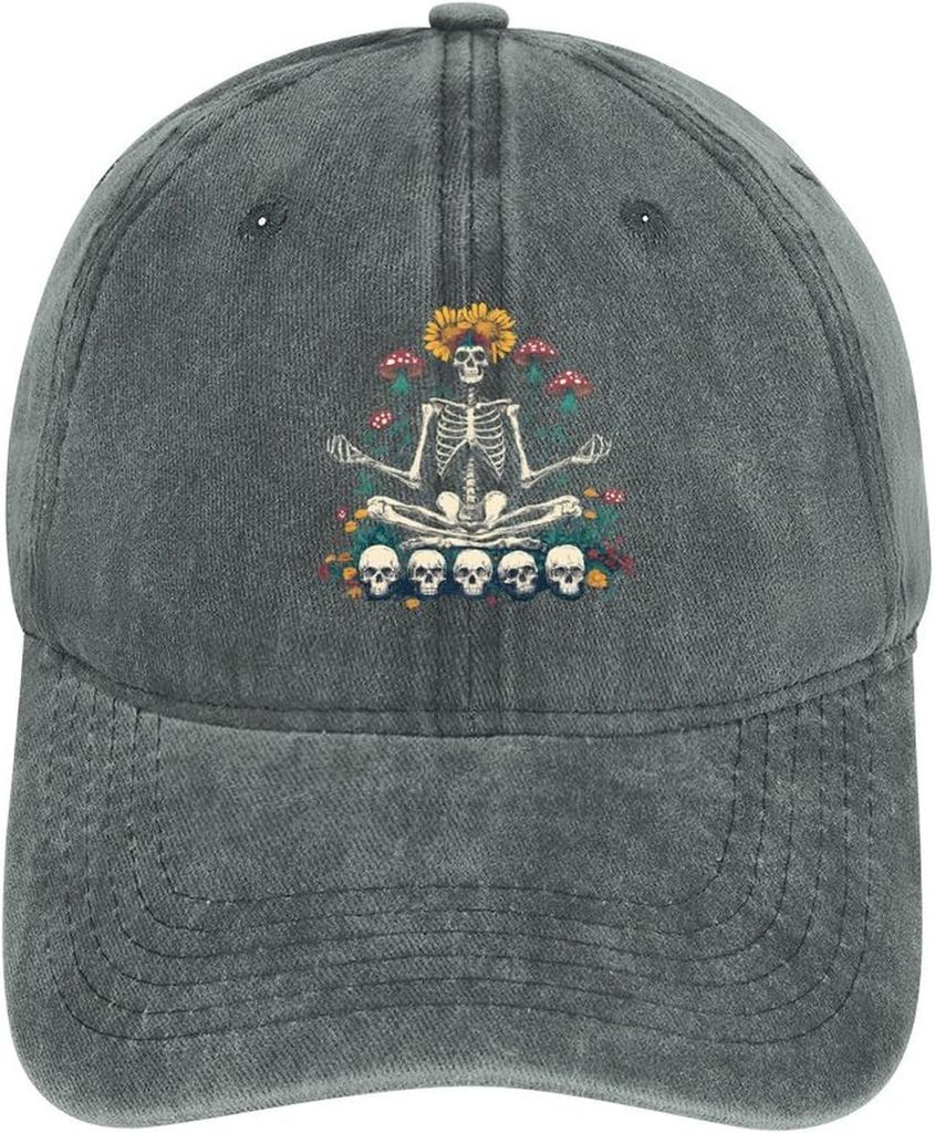 Skeleton Meditation Sunflower Mushroom Skull Print Washed Baseball Cap Unisex Adjustable Cotton Dad Hat