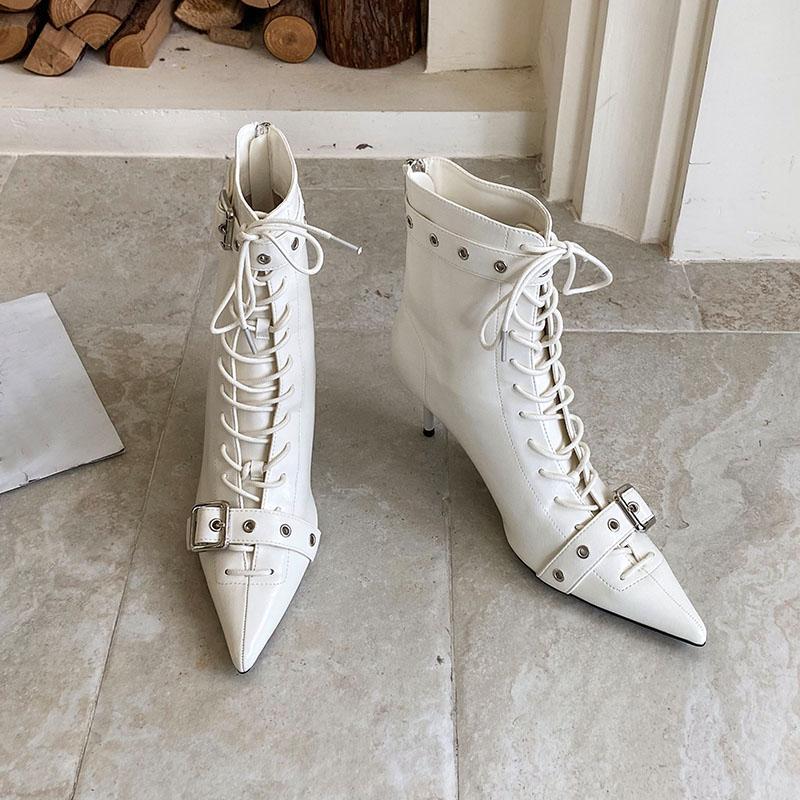Fashion Fashion Lace Up Modern Women Ankle Boots Shoes Buckle Strap Pointed Toe Ladies Short Boots Heels Shoes Female Pumps Lady