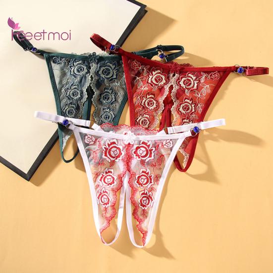 Women Panties Crotch Adjustable Strap Hollow Out Slutty Thin Open Stretchy See-through Lace Flower Embroidery