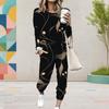 Women Plus Size Round Neck Long Sleeve Black Printed Two Piece Set Cuffed Top And Pants With Pockets