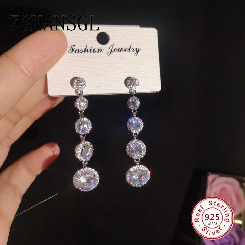 Fashion Female Crystal Round Cut Drop Earrings AAA Zircon 100% Sterling Silver Filled Wedding Long Dangle Earrings