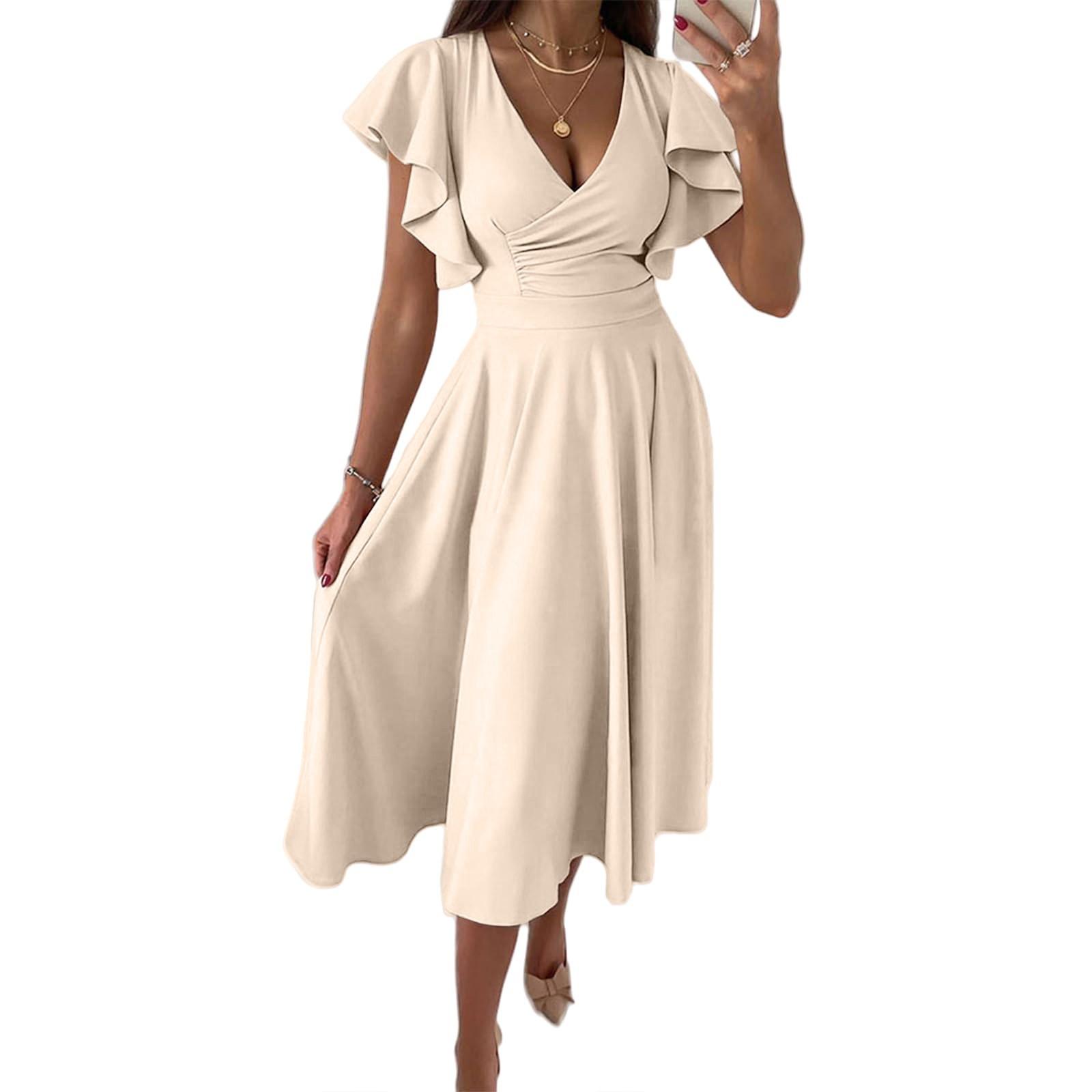 

Жіноча мода з рюшами та спідницею навесні та влітку з низьким V-подібним вирізом та талією, тонка сексуальна сукня L бежевий