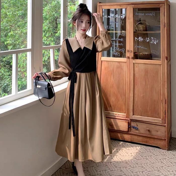Women s spring clothes slightly fat sister MM waist and thin V-neck long sleeves fake two pieces to cover the belly temperament dress long dress S