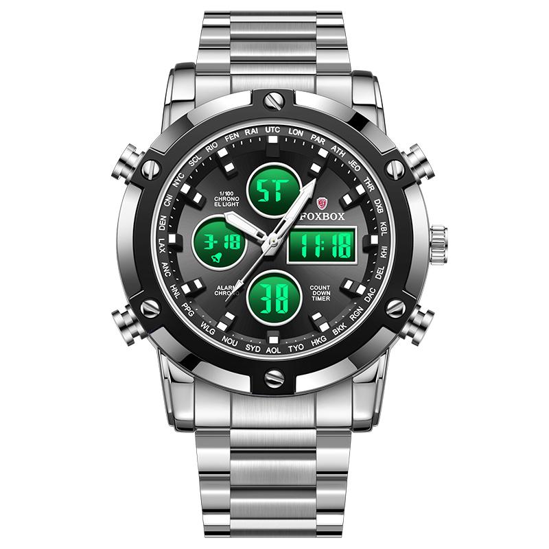 FOXBOX Digital Mens Watches Full Steel Strap Quartz Wristwatch 3 Time Back Light Display Countdown Clock Relogio Masculino