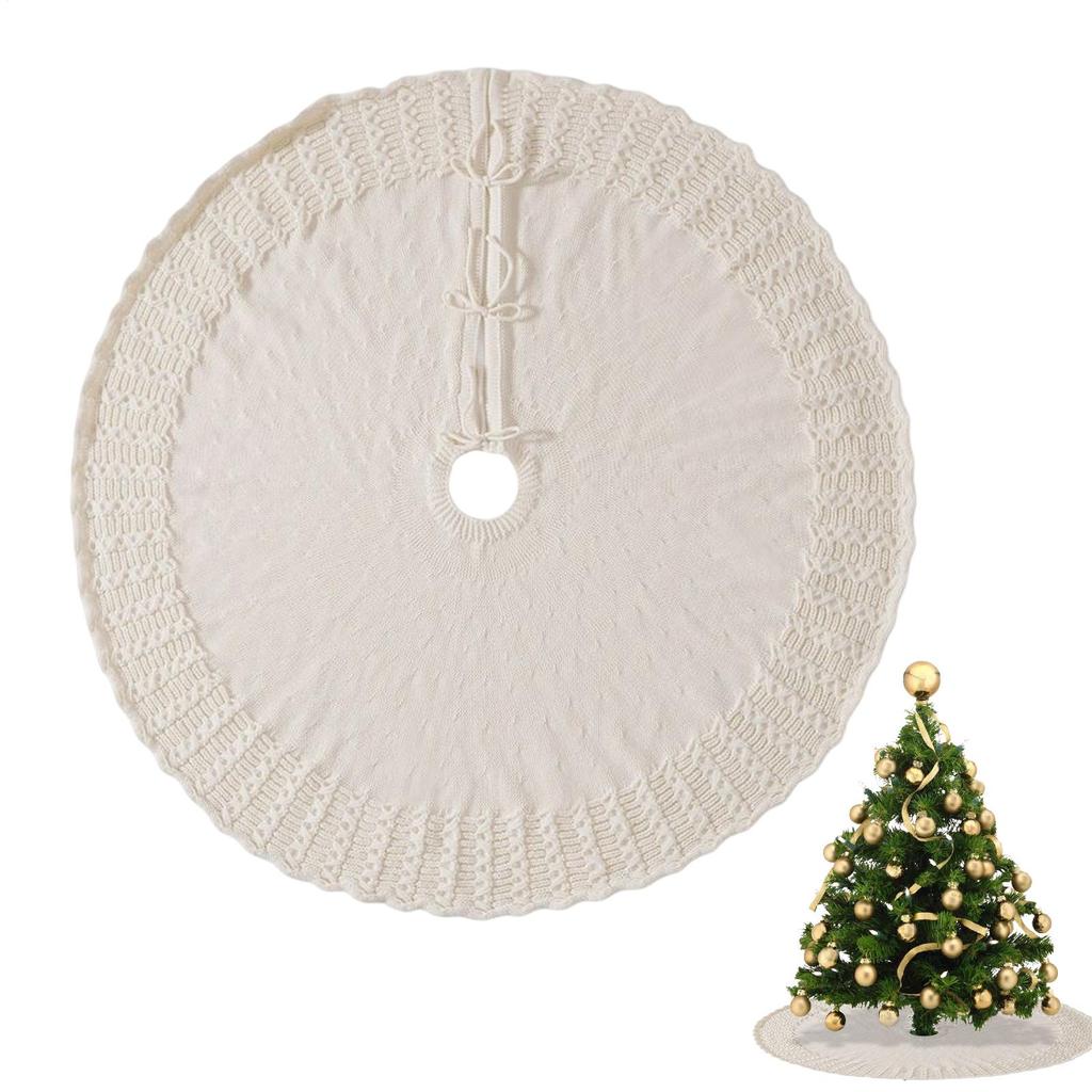 36/48 Inch White Traditional Christmas Tree Skirt Christmas Cotton Knitted Fan-shaped Tree Skirt Christmas Tree Apron Base Cover