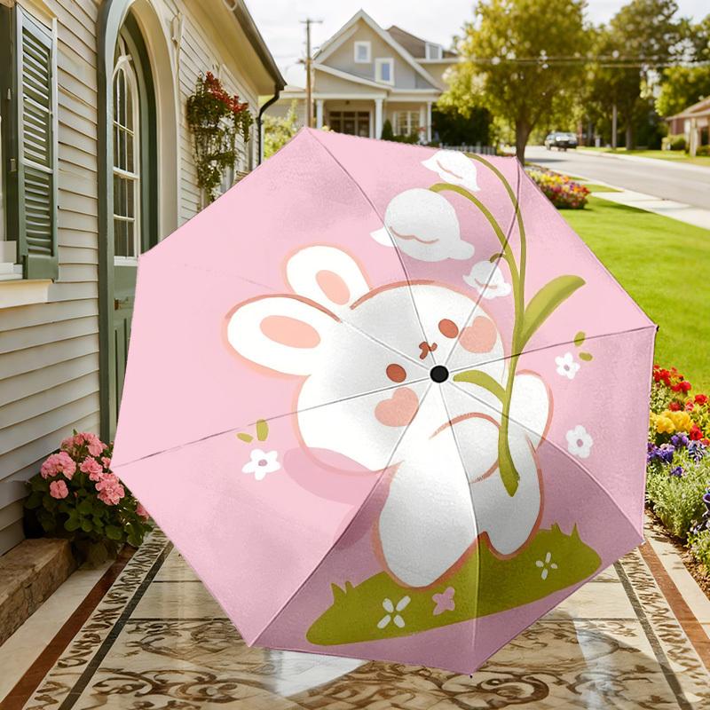 1 Adet Tavşan Çiçekli Otomatik Katlanır Şemsiye 8 Kemerli Demir Çerçeve, Seyahat, Günlük Kullanım, Doğum Günü, Kadın ve Erkek Hediyesi için Uygundur c1231045