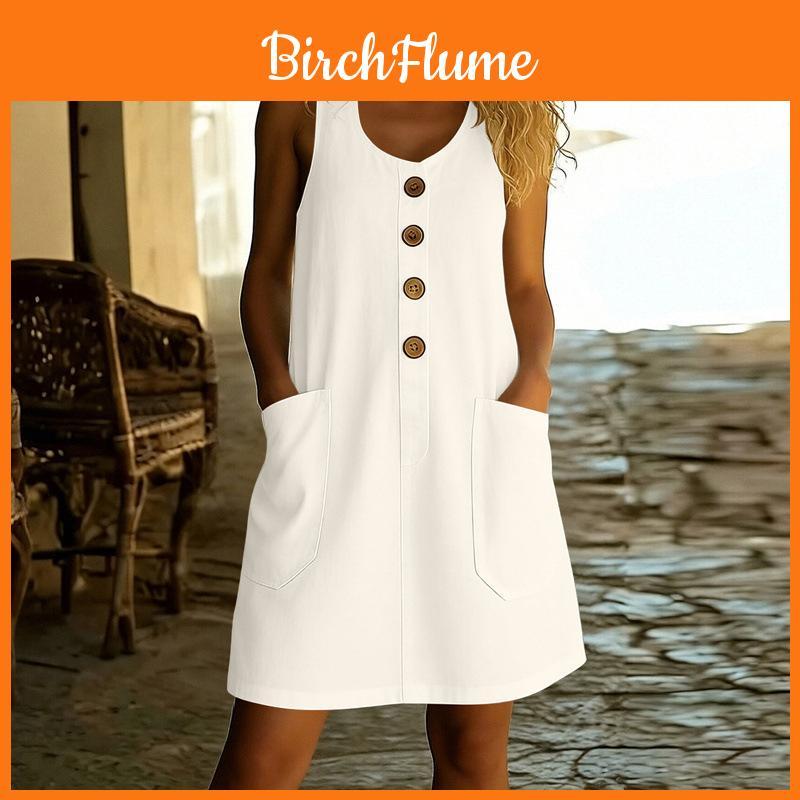 Abito Estivo Casual Senza Maniche in Lino Monocolore Giuntato con Scollo a U per Donna
