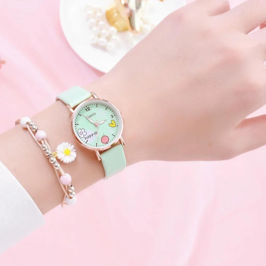 Kids Watches Pink Cute Children's Wristwatch Cartoon Pattern Quartz Watch Set for Girls Fashion Students' Clock