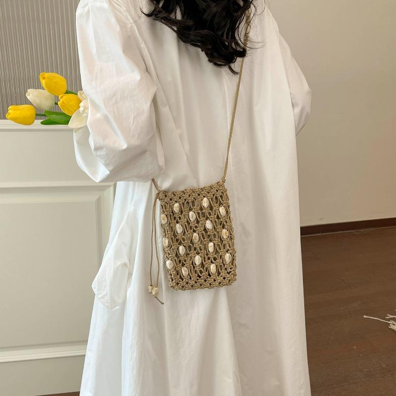2026 New Shell Beaded Woven Drawstring Bag Handmade Macrame Crochet Shoulder Bag Summer Beach Vacati Crossbody Purse for Women