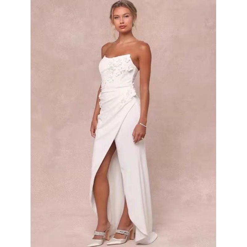 Export Single Annual Party Party Pure White Fairy Temperament Three-Dimensional Flower Tube Top Split Host Red Carpet Dress Long Skirt