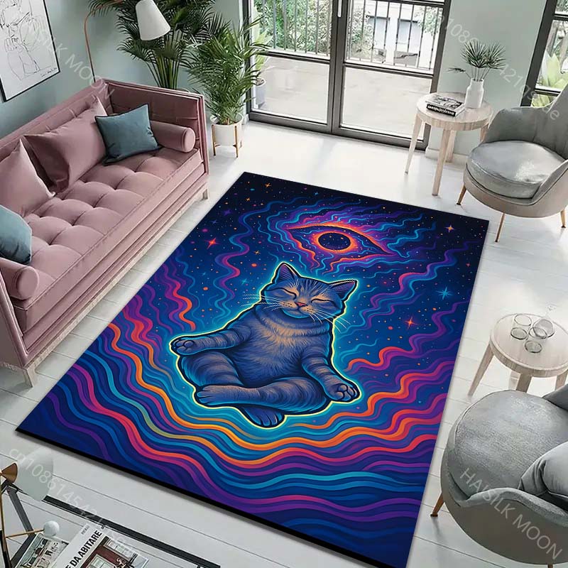 Multiple Sizes Meditating Cat with Colorful Galaxy Print Carpet Rug for Living Room Bedroom Sofa Doormat Home Decor Non-slip Mat