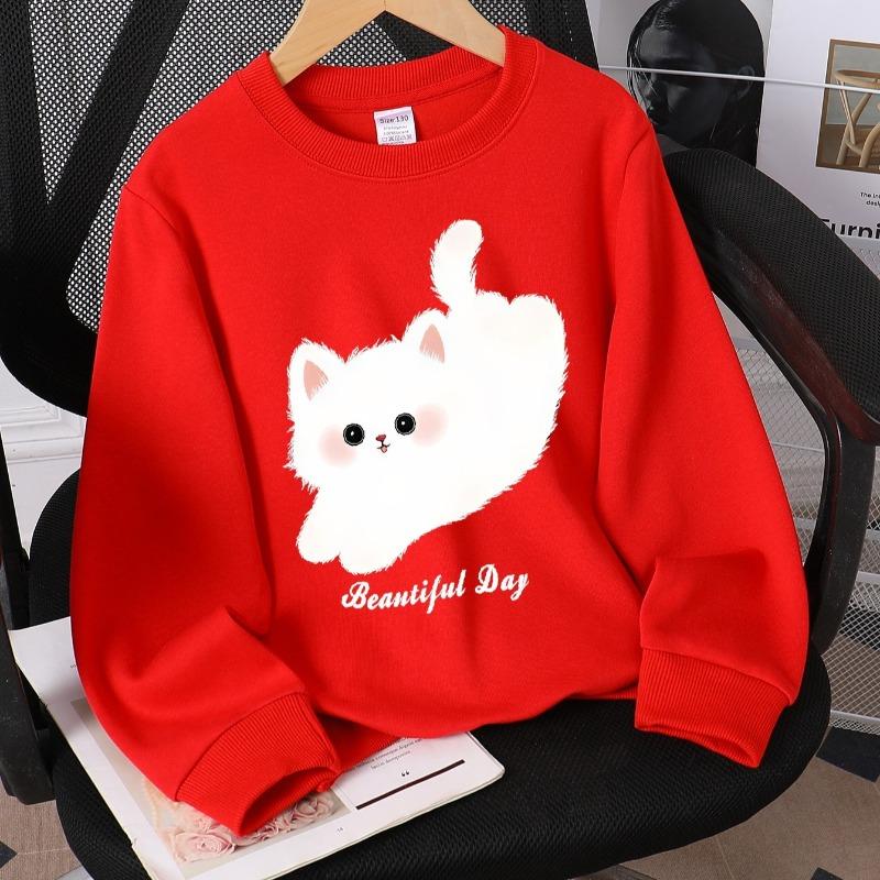 Kids Crew Neck Sweatshirt, Cute White Cat Beautiful Day Print, Soft Cozy Pullover for Autumn & Winter