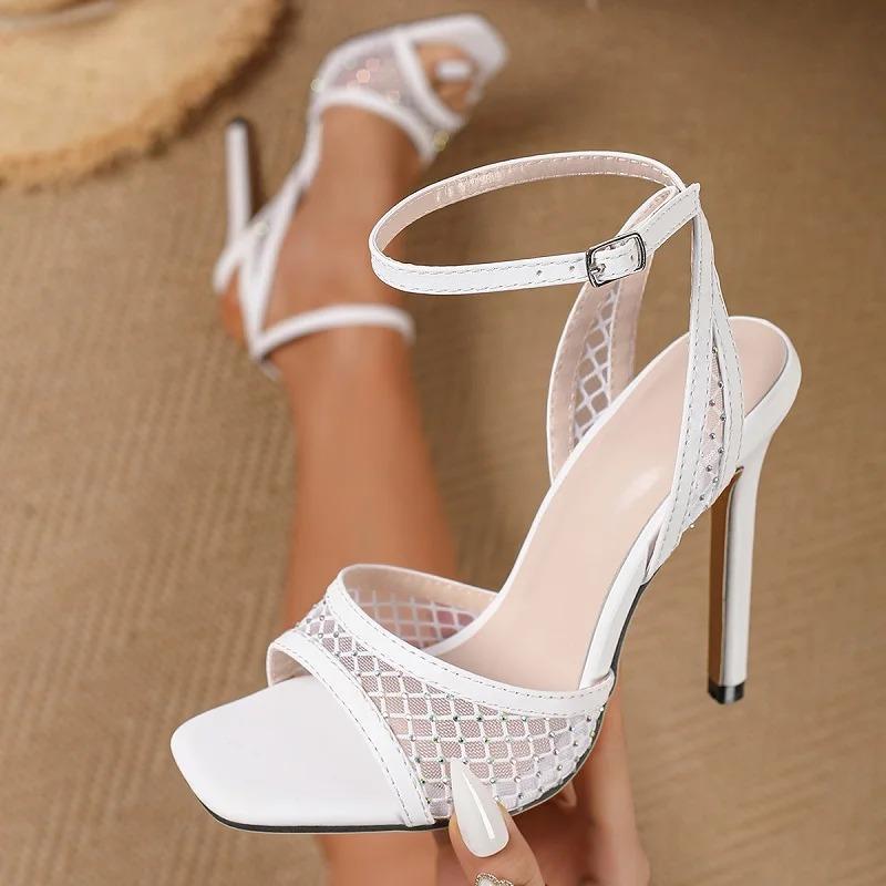 Eilyken Fashion Mesh Hollow Out Ankle Strap Sandals Women Summer Square Open Toe Rhinestone Mesh High Heels Party Prom Shoes