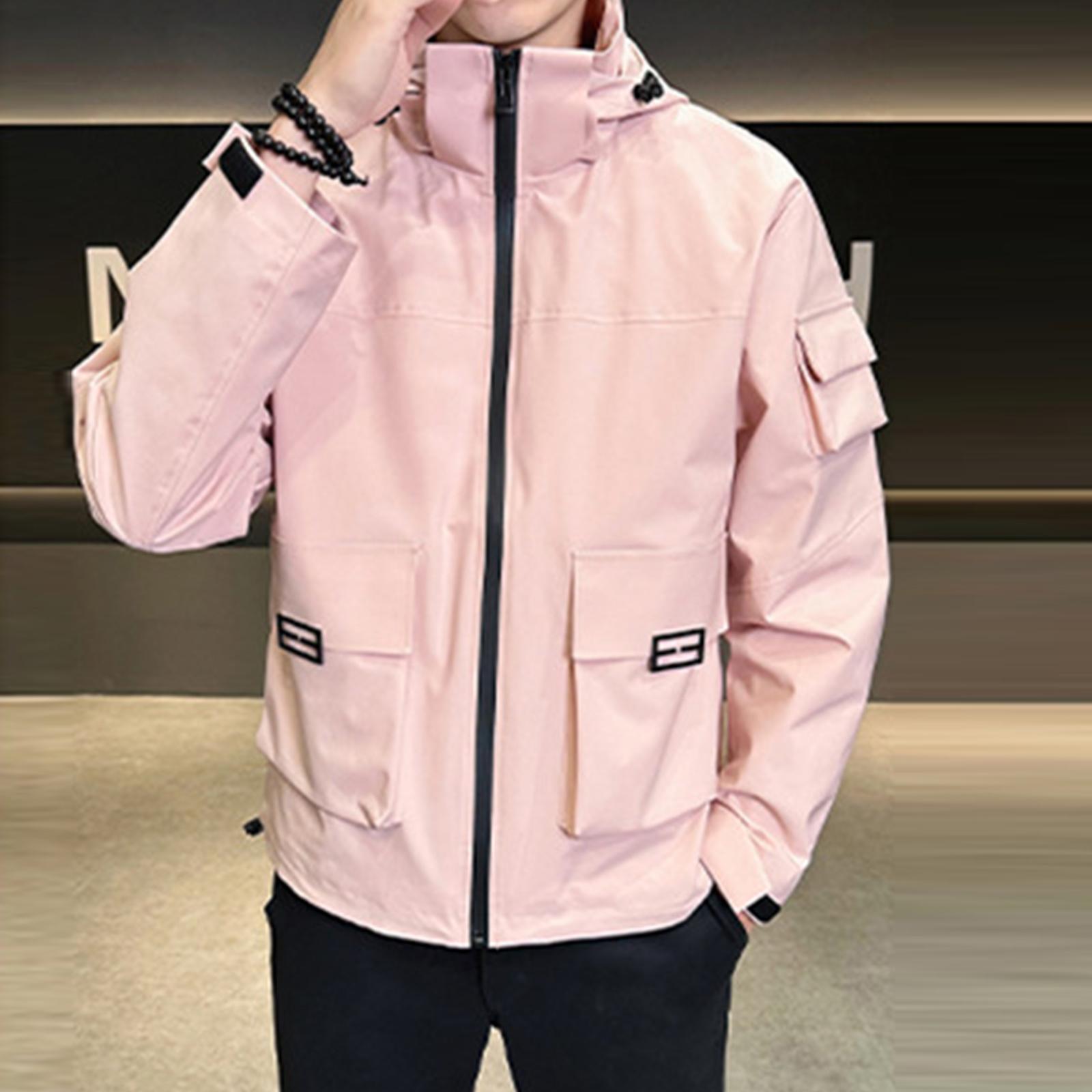 

Мужская однотонная повседневная куртка для улицы, куртка с капюшоном, мужская рабочая куртка с несколькими карманами XL розовый