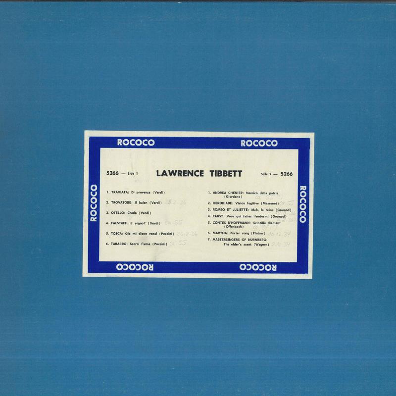 

LP Record LAWRENCE TIBBETT Lawrence Tibbett 5266 ROCOCO Canada Classical Used