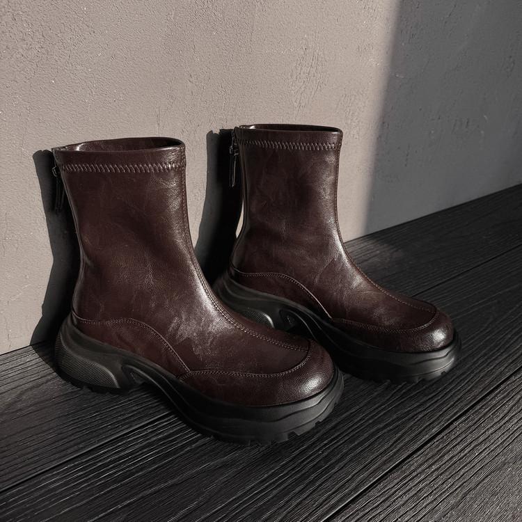 

Модные женские ботильоны на толстом каблуке с круглым носком 5 см, водонепроницаемые, универсальные, однотонные, в повседневном стиле, из овчины, с задней молнией, тонкие 40 темно-коричневого